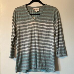 Two by Vince Camuto casual remix v neck quarter sleeve top striped turquoise NWT
